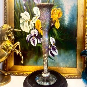 Tiffany-Style Favrile Hand-Blown Pulled Feather Candlestick / Bud Vase
